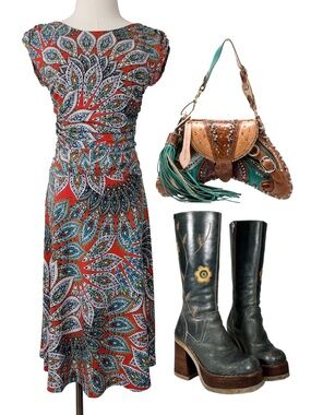 Paisley Midi Dress Drop Waist Fit & Flare Red Blue Size Small 6